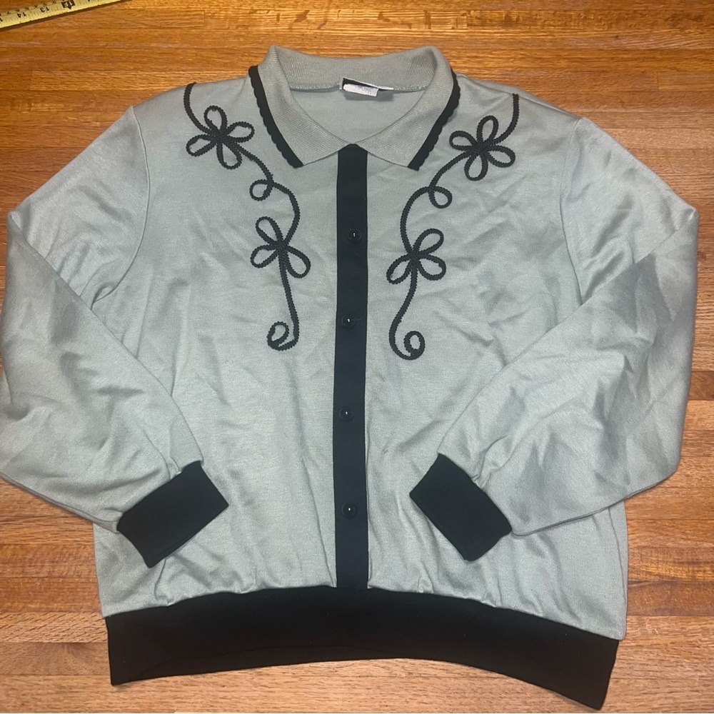 Vtg Simply Petite American Women Large Olive‎ Black Collar Tight Knit Blouse